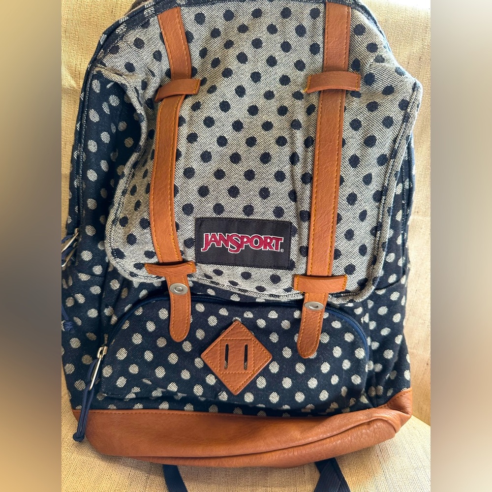Jansport cortlandt backpack navy & gray dots w/leather trim